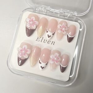 Elven Floral Handmade Press On Nail Almond Shape with Pink and Gold Accents